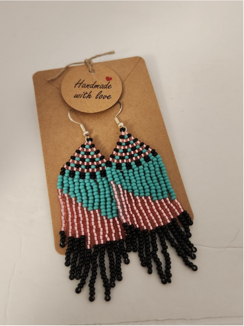 Handmade Beaded Fringe Earrings in Black, pink and Turquoise colors 925s hooks